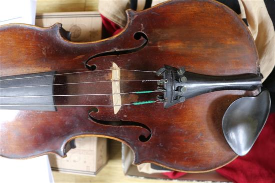A 19th century violin, with single piece back, stamped Aubert to the bridge, L 365cm (body)